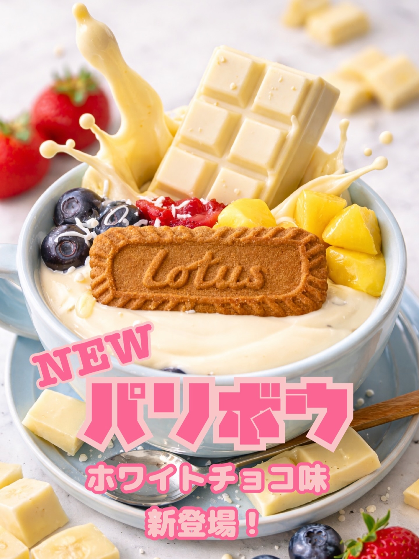 ホワイトチョコレートでコーティングされたアサイーボウル「パリボウ ホワイトチョコ味」の新登場を知らせるアサイー工房下関店の公式告知画像