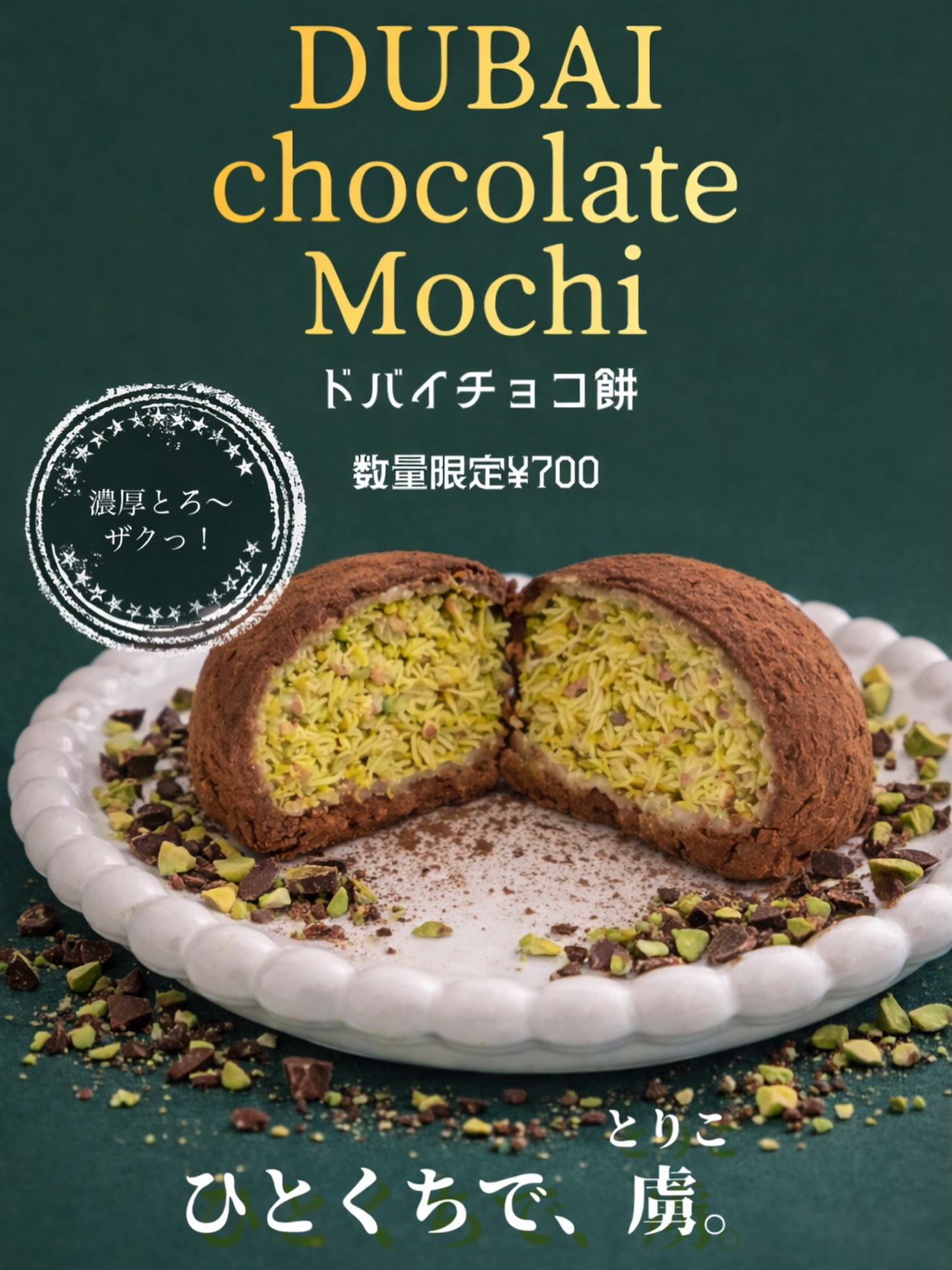 断面からピスタチオがのぞくドバイチョコ餅を皿にのせた「DUBAI chocolate Mochi 数量限定¥700」のアサイー工房下関店公式告知画像