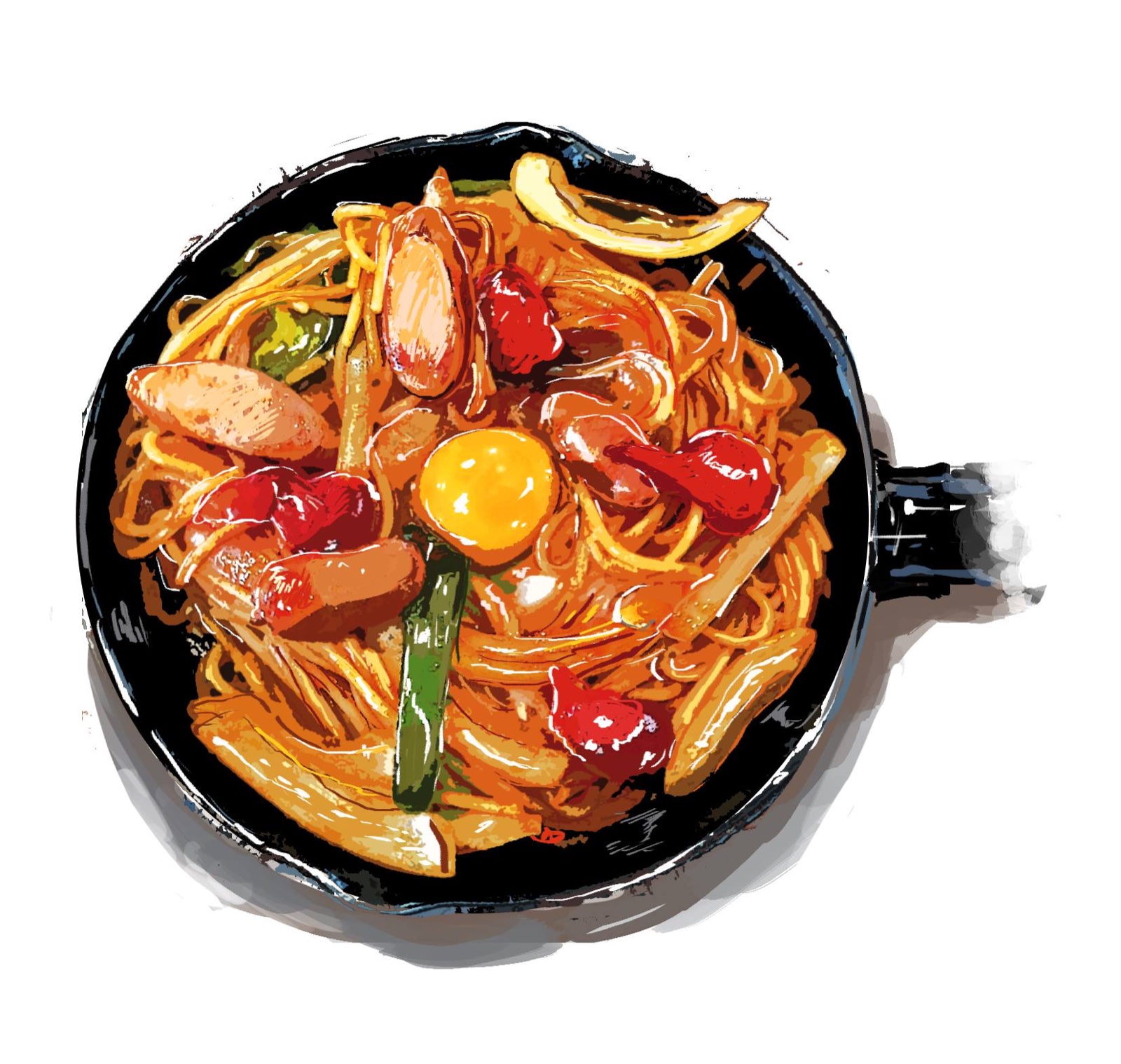 CAFE麓の鉄板ナポリタンのイラスト風画像。黒い鉄板に太麺パスタとウィンナー、ピーマン、玉ねぎ、中央に生卵(公式サイトより)