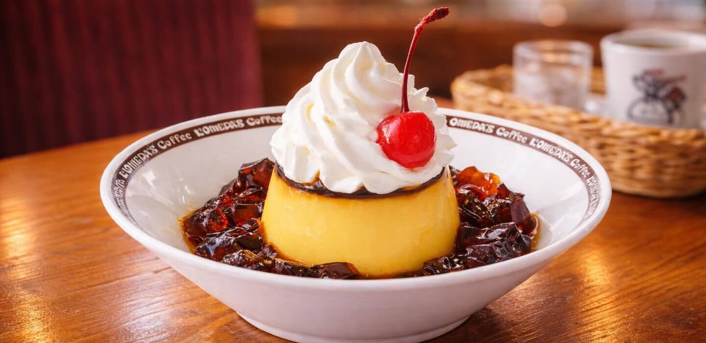 コメダ珈琲店 下関長府店の珈琲所のプリン、カラメルソースとホイップクリーム(公式Instagramより)