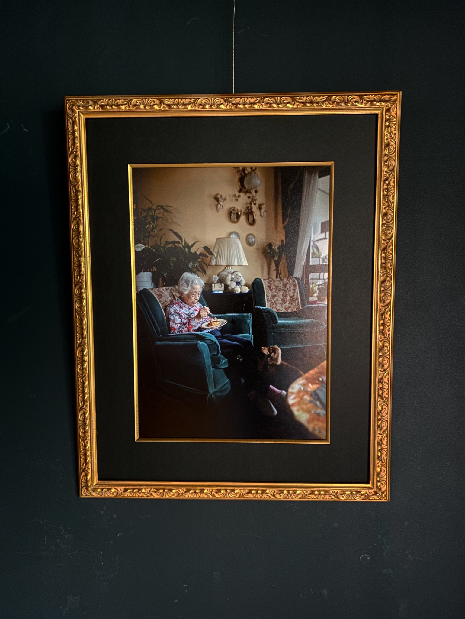 黒い壁に金の額縁で飾られた写真作品。ソファに座る女性と猫が写るポートレート(Gallery CAFE とこのま公式Instagramより)