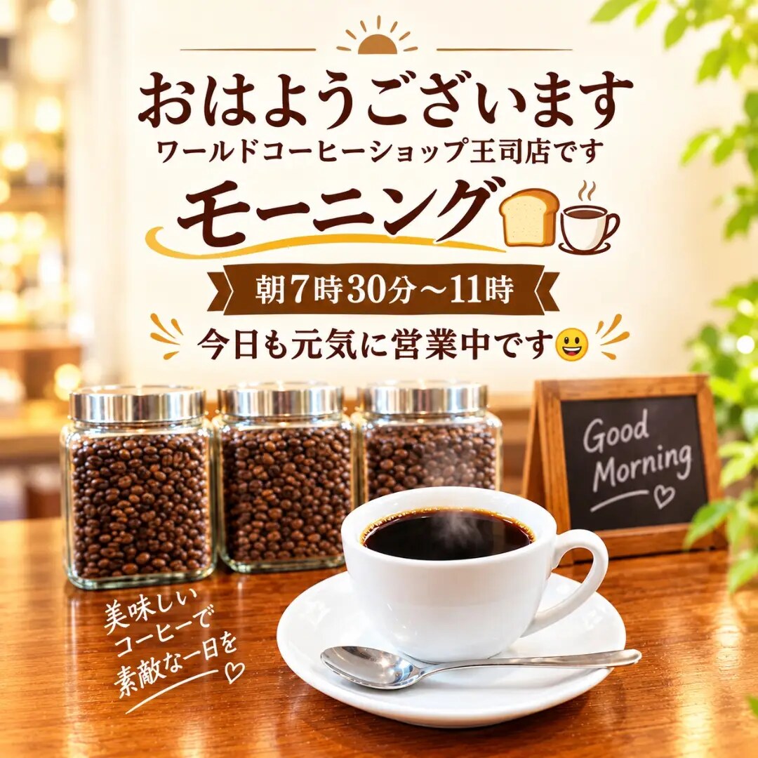 ワールドコーヒーショップ王司店のモーニングコーヒー。湯気の立つホットコーヒーとコーヒー豆(公式Instagramより)