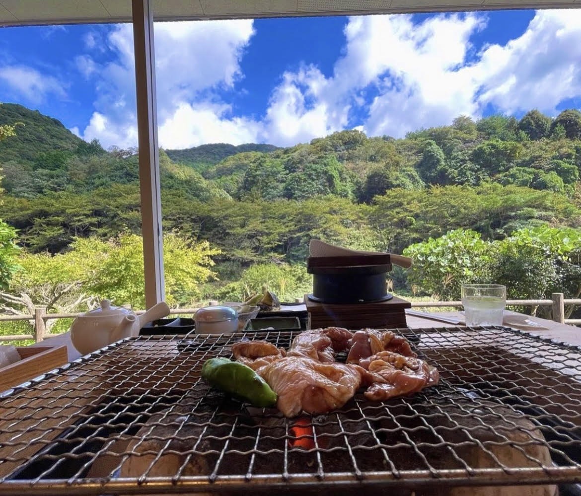 山並みを望む囲炉裏の炭火焼き(公式サイトより)