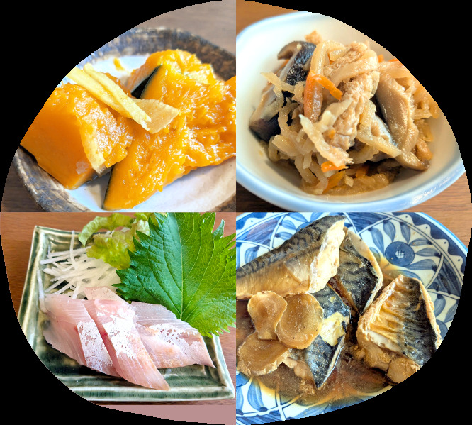 なすび食堂の日替わりおばんざい4種。かぼちゃ煮・筑前煮風・刺身・焼き魚の煮付け(公式サイトより)