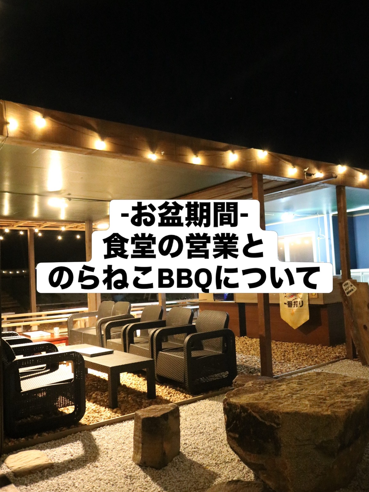 夜のライトが灯るのらねこBBQのテラス(公式Instagramより)