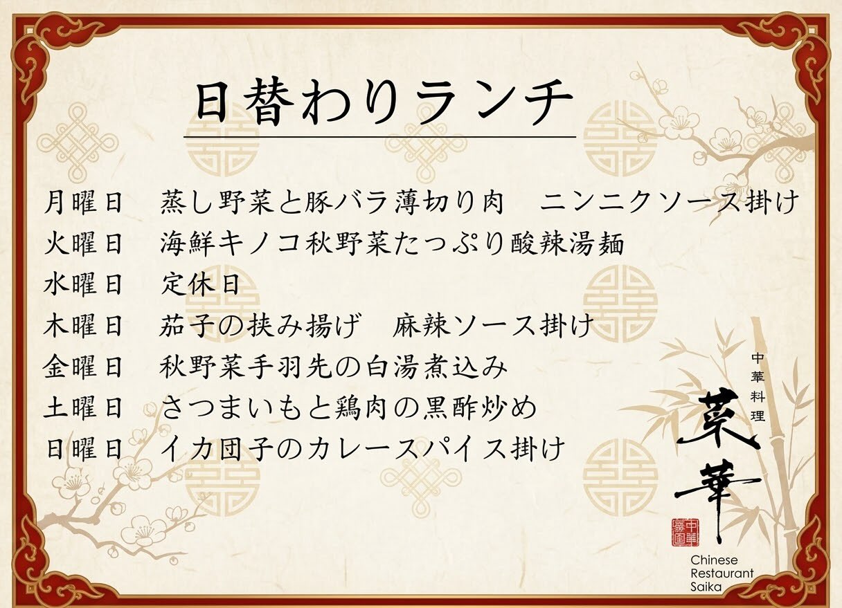 菜華の日替わりランチ一週間分のお知らせ（公式Instagramより）